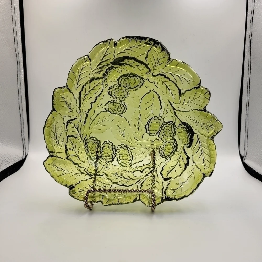 Vintage Indiana Glass Green Loganberry Leaf Candy Dish Bowl